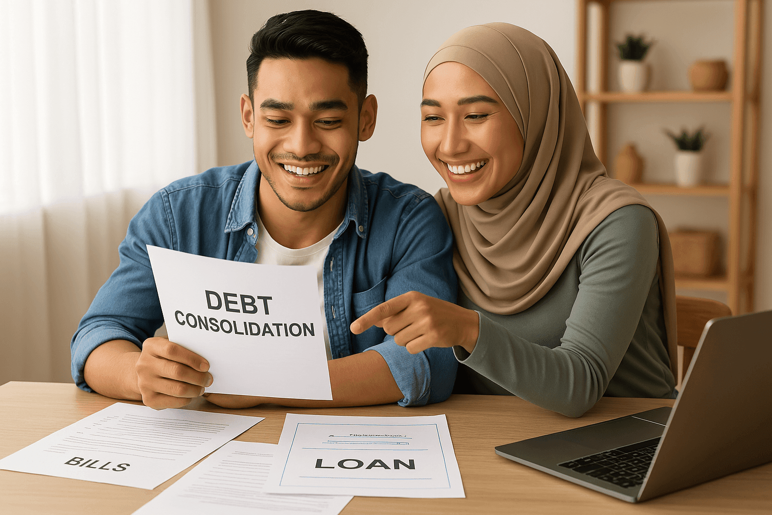 Smiling couple reviewing debt consolidation paperwork at a table with bills and loan documents.